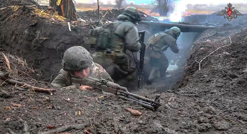 In this photo released by the Russian Defense Ministry Press Service on April 15, 2024, Russian soldiers participate in a military exercise somewhere in Russian-controlled Donetsk region, eastern Ukraine.Russian Defence Ministry Press Service via AP
