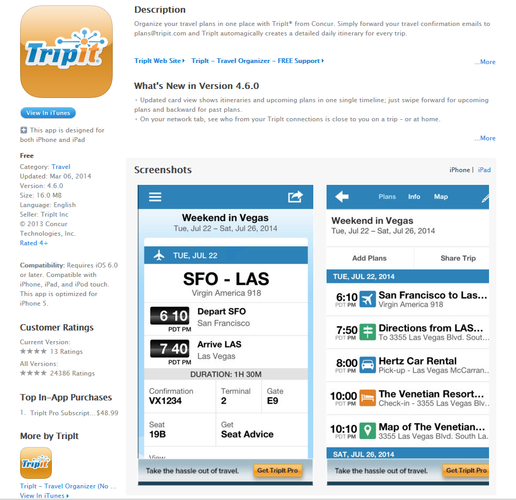 <b>TripIt (iOS, Android, Windows Phone)</b>
<br><br>
Sprawne zaplanowanie biznesowej podróży do nie lada wyzwanie. Należy pamiętać o wszystkim - od rezerwacji lotu, poprzez wynajęcie samochodu, a skończywszy na organizacji spotkania. Aby nie pogubić się w gąszczu terminów warto skorzystać z aplikacji TripIt, która będzie idealnym towarzyszem każdej biznesowej podróży.