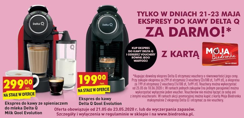 Ekpresy do kawy Delta Q (prawie) za darmo w Biedronce - 21-23 maja