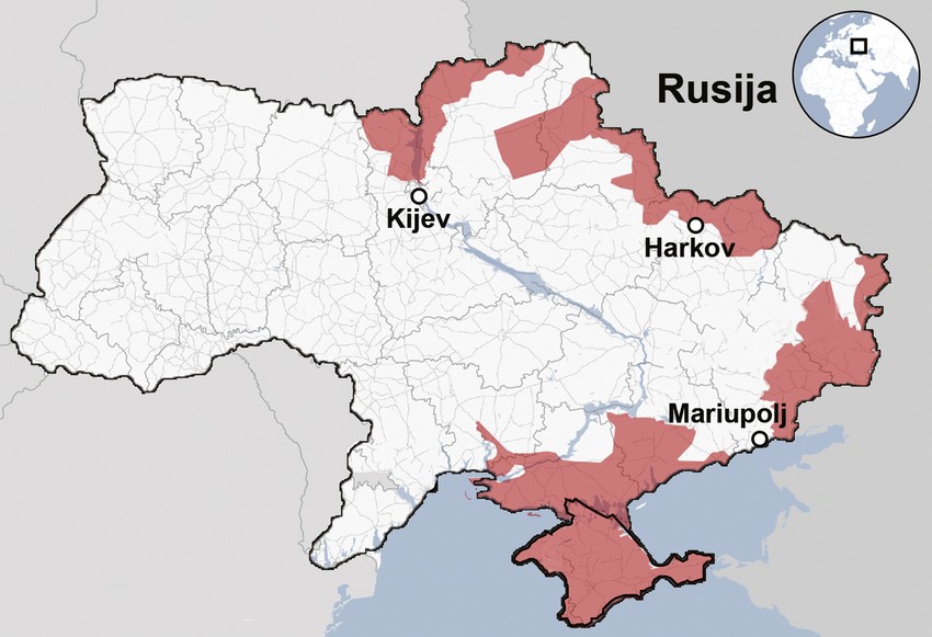 Crvenom bojom su označene teritorije koje su pod kontrolom Rusije