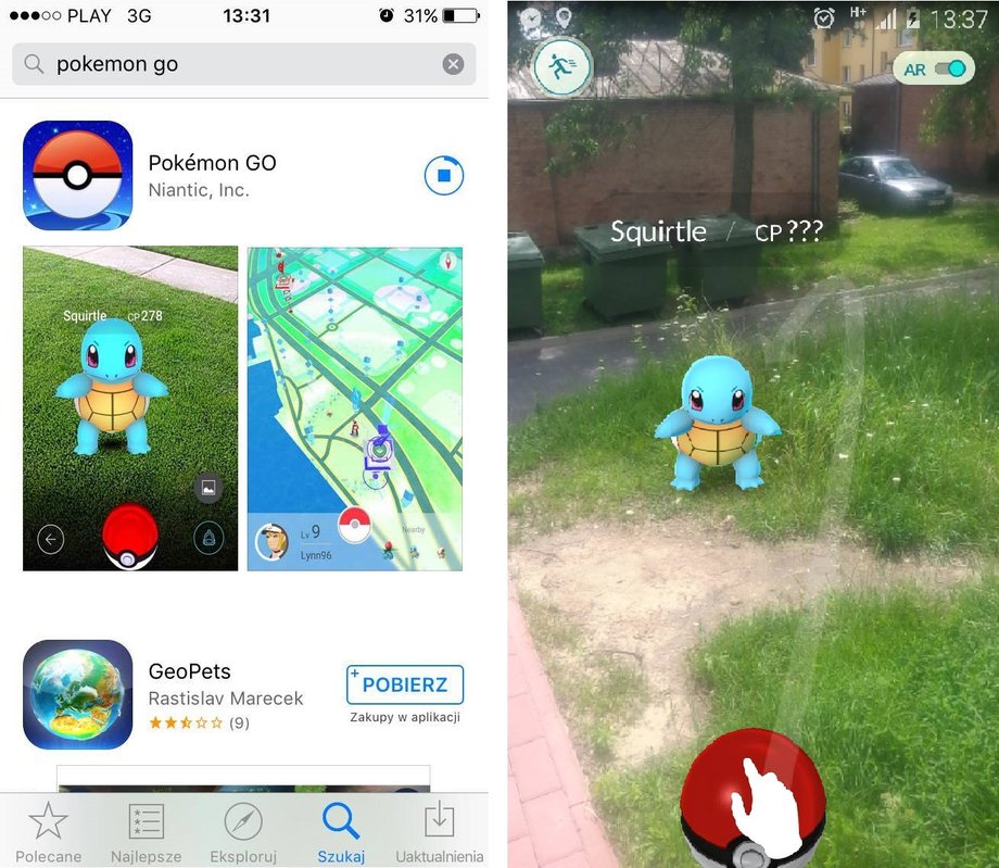 Pokemon Go wykorzystuje wirtualną rzeczywistość i aparat w smartfonie