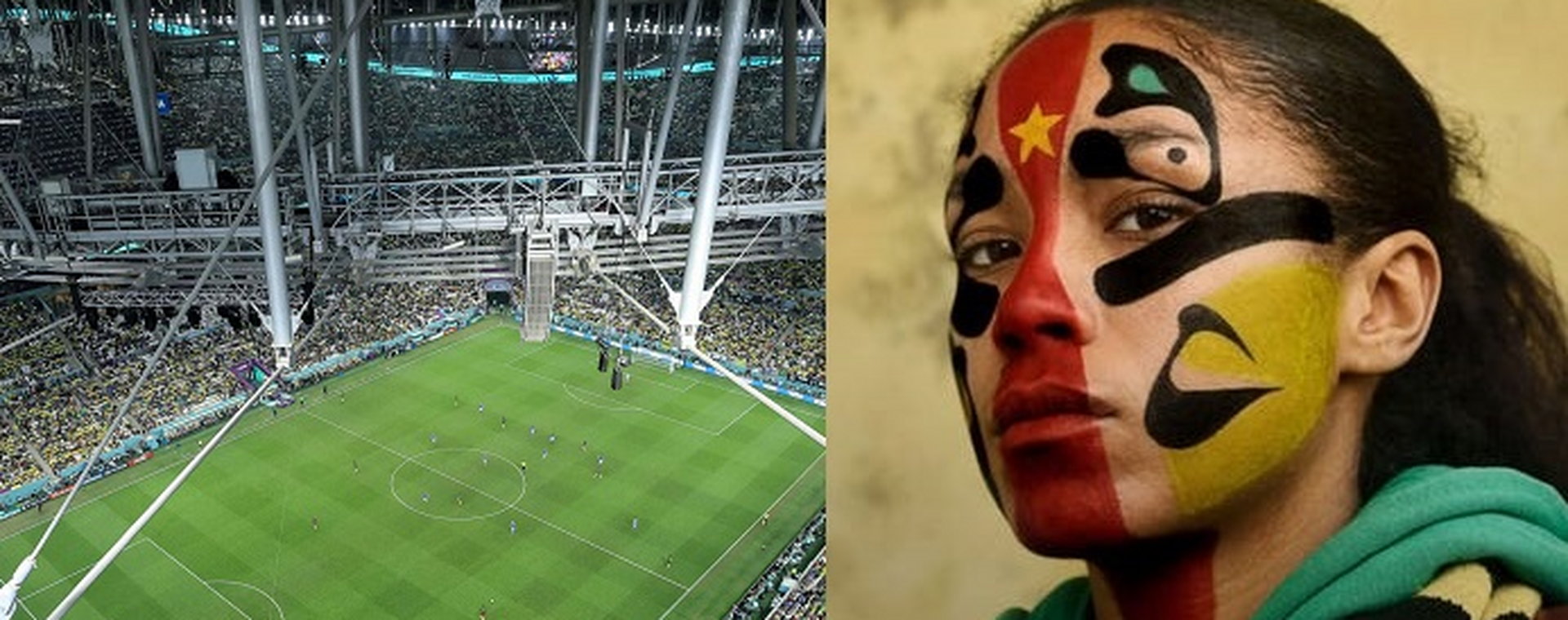 Mecz Kamerunu z Brazylią podczas mundialu w Katarze/Wzór malunku na twarzy w postaci flagi Kamerunu, stylizowany na makijaż Juggalos, autorstwa Robbie Jay Barratt
