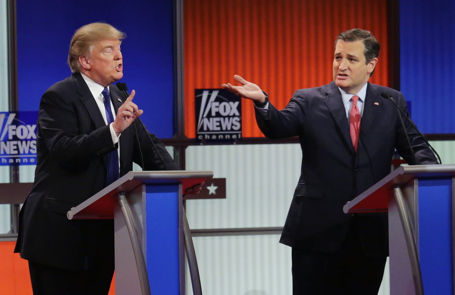 Republican presidential candidates (Lto R) Donald Trump and Sen. Ted Cruz (R-TX) participate in a debate sponsored by Fox News at the Fox Theatre on March 3, 2016 in Detroit, Michigan.