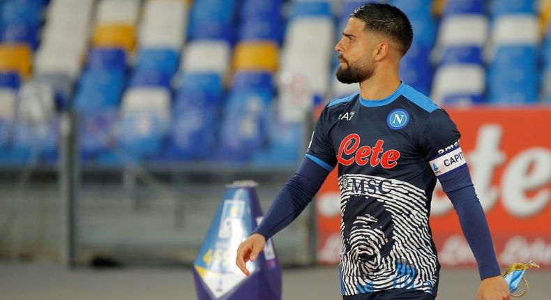 Naples-born Lorenzo Insigne wearing Napoli's special kit honouring Maradona earlier this month Creator: Carlo Hermann