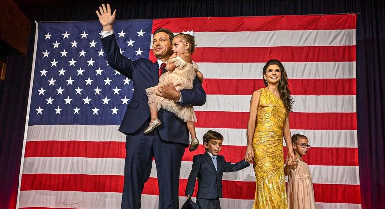 Republican gubernatorial candidate for Florida Ron DeSantis with his wife Casey DeSantis and children Madison, Mason and Mamie, waves to the crowd during an election night watch party at the Convention Center in Tampa, Florida, on November 8, 2022.Giorgio Viera/ AFP via Getty Images