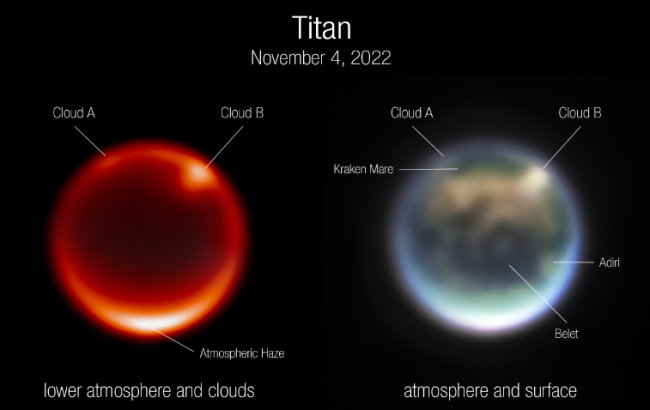 Tytan. Obraz z JWST, fot. NASA, ESA, CSA, W. M. Keck Observatory, A. Pagan (STScI). Science: Webb Titan GTO Team.