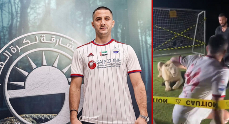 New Sharjah  FC signee Kostas Manolas startled by lion during official photoshoot 