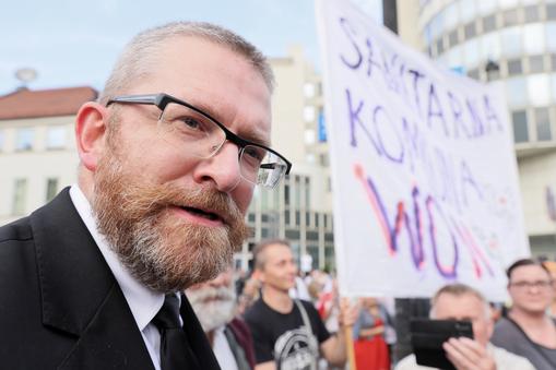 Grzegorz Braun podczas manifestacji antyszczepionkowców przed Sejmem
