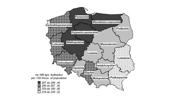 Mapa zgonów z powodu chorób nowotworowych - 2007 r./ oprac. GUS.