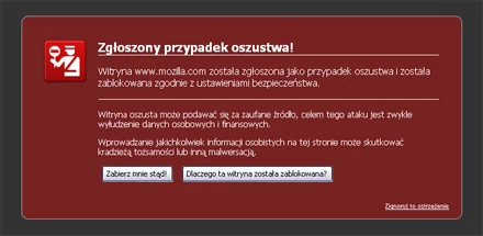 Taki komunikat wyświetli Firefox 3 podczas próby otworzenia szkodliwej strony WWW.
