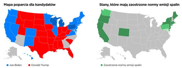 Porównanie: mapa poparcia dla kandydatów przez w konkretnych stanach i mapa, przedstawiająca stany, które mają zaostrzone normy emisji spalin 