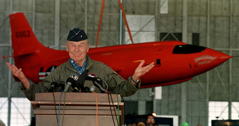 Yeager on the 50th anniversary of his record-breaking flight at Edwards Air Force Base, California, October 14, 1997.