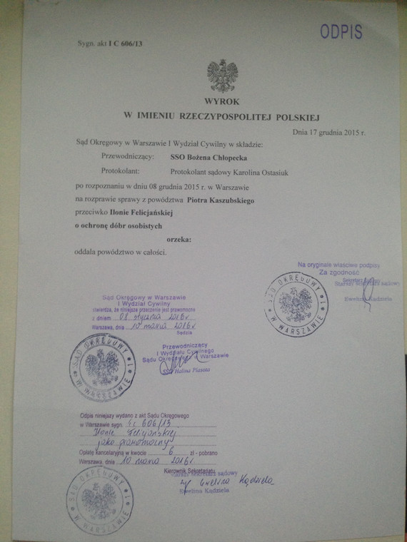 Wyrok sądu w sprawie Kaszubski - Felicjańska