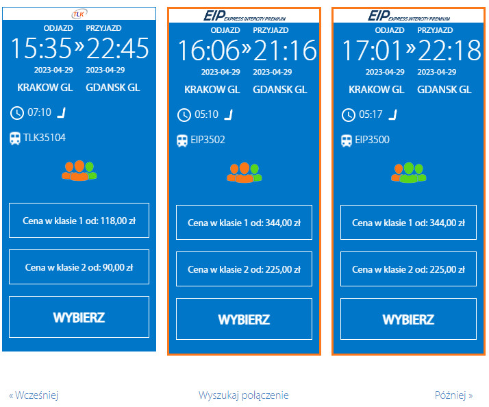 Dostępność biletów na pociągi na trasie Kraków-Gdańsk na 29 kwietnia.