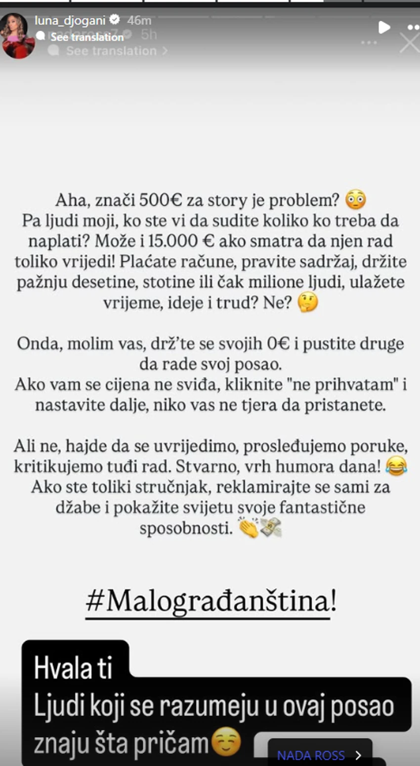 Nakon što je isplivao cenovnik Lune Đogani: "MOže i 15.000 evra za stori"