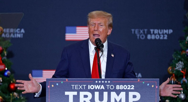 Former US president and 2024 presidential hopeful Donald Trump in Waterloo, Iowa, on December 19, 2023.KAMIL KRZACZYNSKI