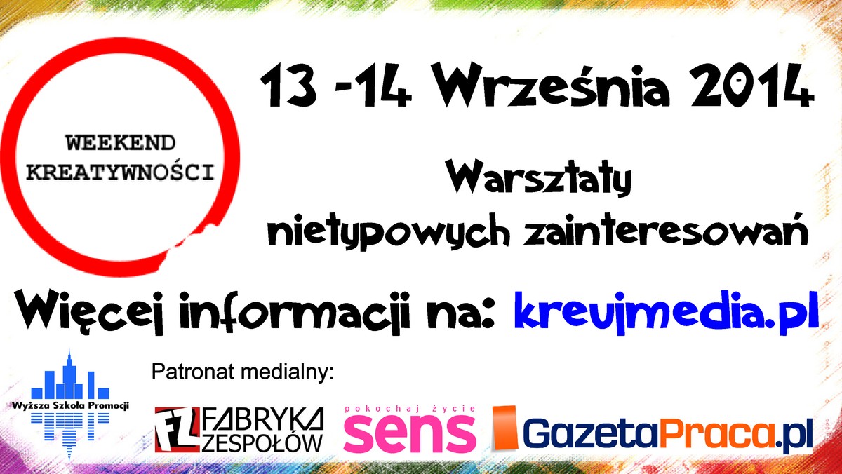 W najbliższy weekend, 13-14 września, odbędzie się impreza pod hasłem "Weekend kreatywności". W tym czasie można będzie wziąć udział w bezpłatnych warsztatach dotyczących m.in. pracy aktora, video dronów - technik filmowania z powietrza, beatboxingu, DJ-ingu, modelingu, kreowania marki odzieżowej, sztuki operatorskiej. Wśród organizatorów wydarzenia są m.in.: Fundacja DKMS, Bank Pekao, Studio Warszawa Tattoo, Zygzaki, Fotoforma, Poczta Polska, Polska Fundacja Komunikacji oraz ASP, Fabryka Zespołów, miesięcznik Sens, GazetaPraca.pl i wielu innych.