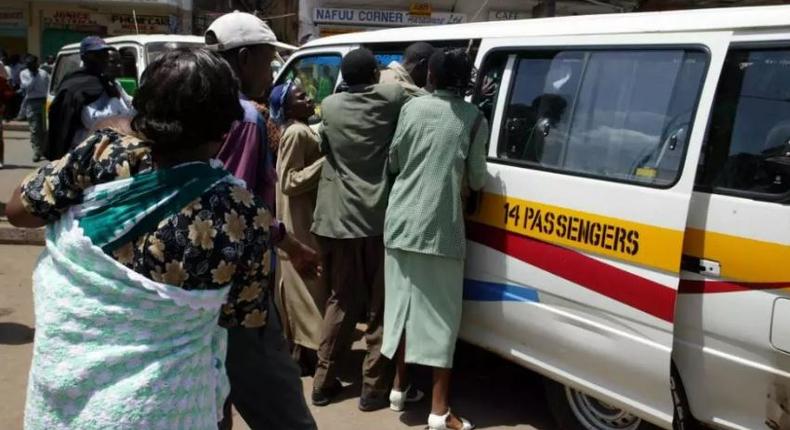 Passengers boarding matatu. Drama ensued as angry passengers attacked and chased a rogue driver and tout for driving recklessly
