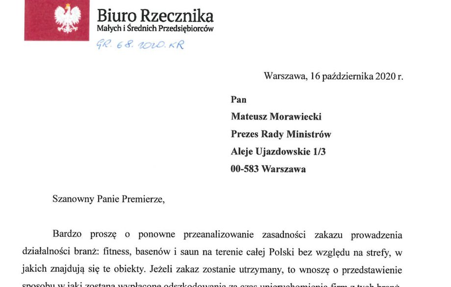 List Rzecznika Małych i Średnich Przedsiębiorstw do premiera w sprawie m.in. klubów fitness