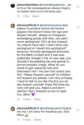 It didn't take long before Etinosa took to her comment section where she dragged Victoria and called her names. [LindaIkeji]