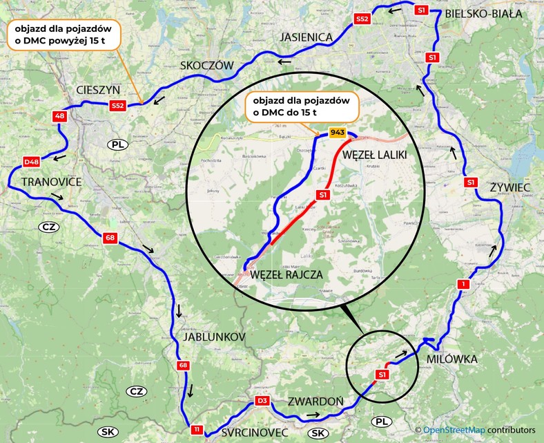 Graficzne przedstawienie objazdu na czas zamknięcia tunelu Emilia w Lalikach