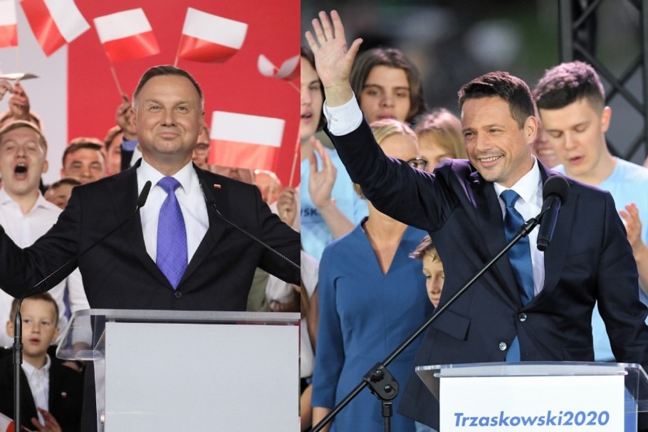 Andrzej Duda i Rafał Trzaskowski podczas ogłoszenia wyników sondażu exit poll