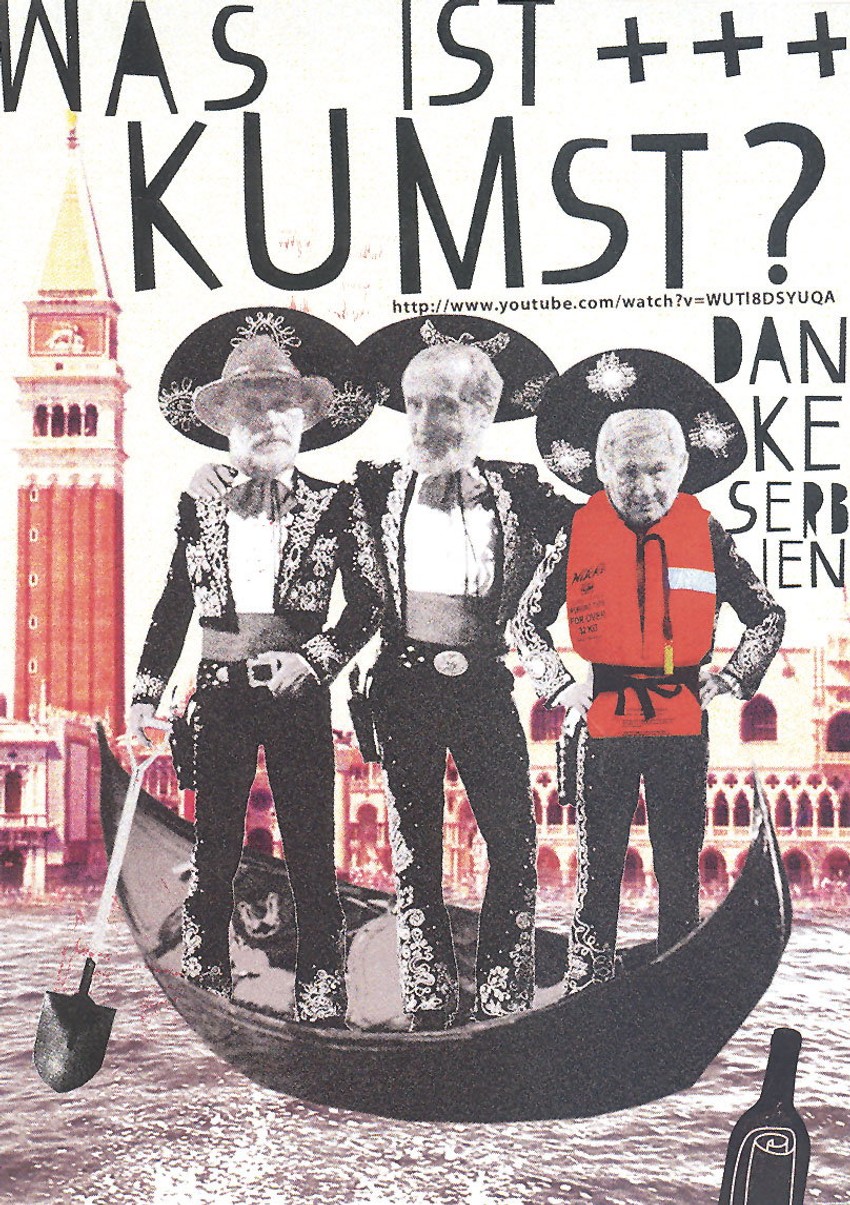 "Art klinika" upućuje čestitke laureatu (kliknite na sliku da biste je uvećali)   Na licu čestitke koja nosi naziv "Was ist KUMst?" prepoznajete kumove kao gringose kako stabilno stoje u gondoli.