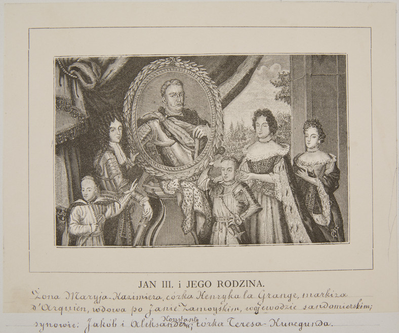 Jan III Sobieski (1629-1696) król Polski z rodziną: Jakub Ludwik Sobieski - syn, Aleksander Benedykt Sobieski - syn, Konstanty Władysław Sobieski - syn, Maria Kazimiera Sobieska - żona, Teresa Kunegunda Sobieska - córka (Monogramista J.G.  - autor;  Henri Gascar - autor pierwowzoru)