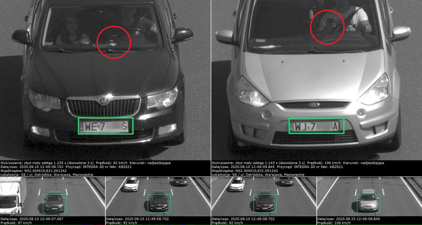 Integra 3D+ w akcji na drodze ekspresowej S8. Skoda Superb i Ford S-Max sfotografowane za jazdę na zderzaku poprzedzających pojazdów. Do tego obaj kierowcy z telefonem w ręku