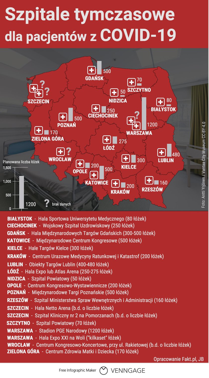 Mapa szpitali tymczasowych dla pacjentów z COVID-19