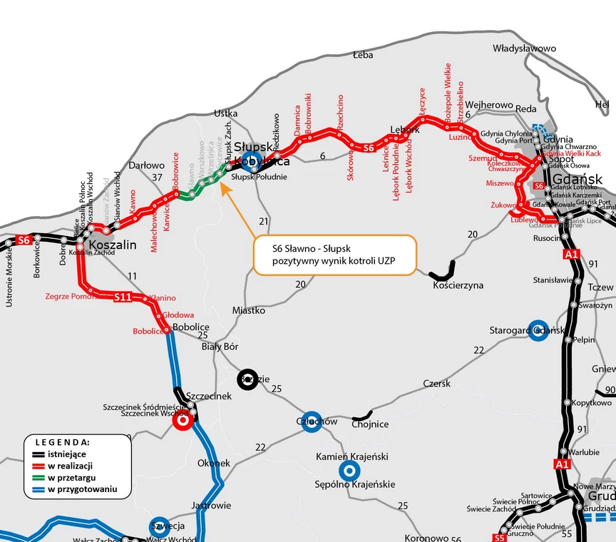 Mapka S6 Sławno — Słupsk