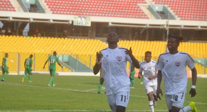 Victorien Adebayor of Inter Allies celebrates his 5th goal of the season