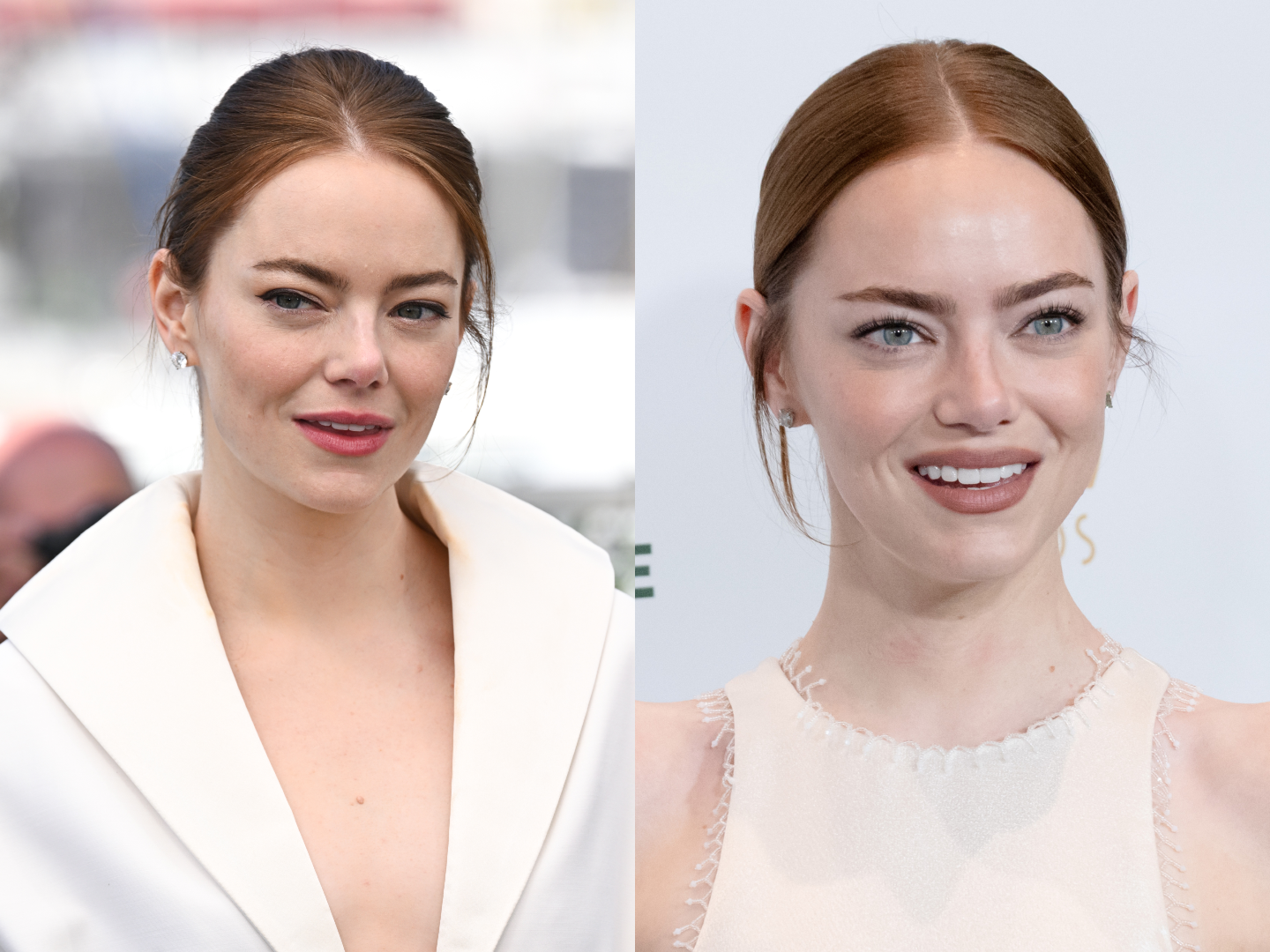 Emma Stone v roku 2024 a vo februári 2026.