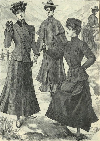Ubrania podróżne dla kobiet; po prawej stronie strój na dalekie wyprawy w góry („Tygodnik Mód i Powieści”, 1905 r) - domena publiczna