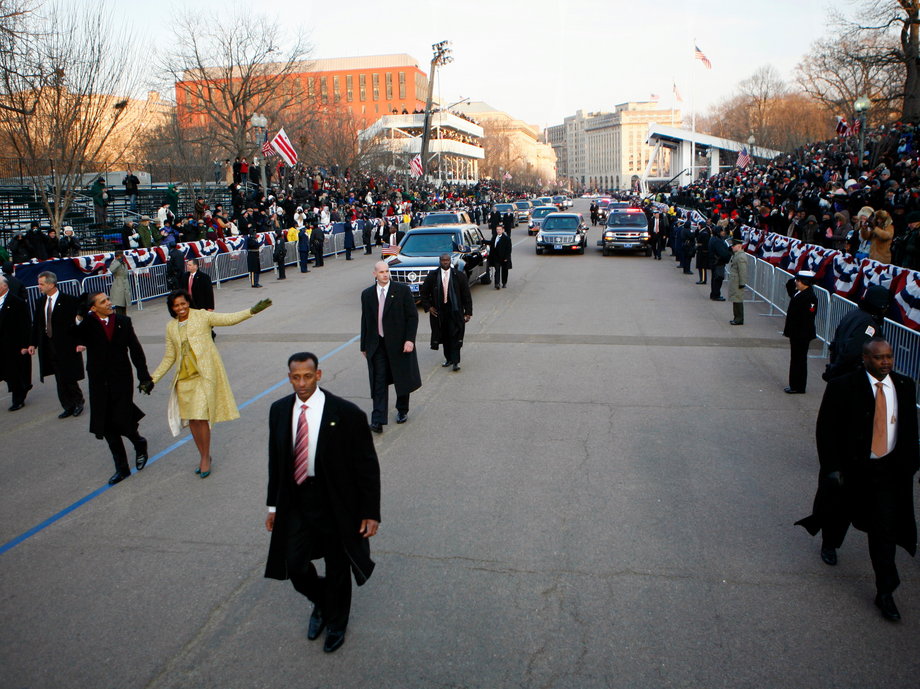 President Obama and the First Lady participate in the inauguration parade in 2009.