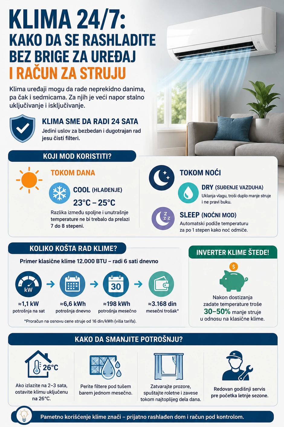 Postoji niz način da klima radi veći deo dana a da račun za struju ne bude ogroman