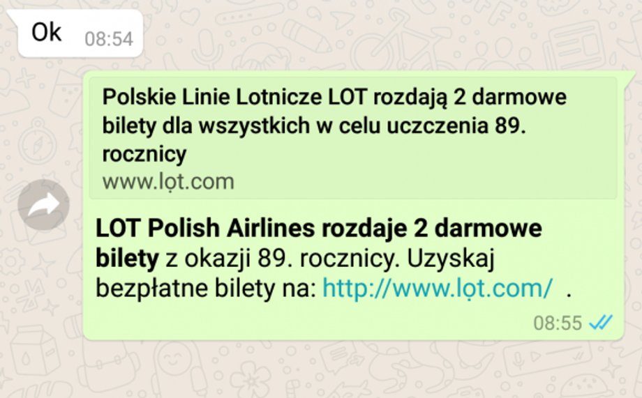 Tak wygląda fałszywa wiadomość w komunikatorze WhatsApp, przed którą przestrzega Zaufana Trzecia Strona