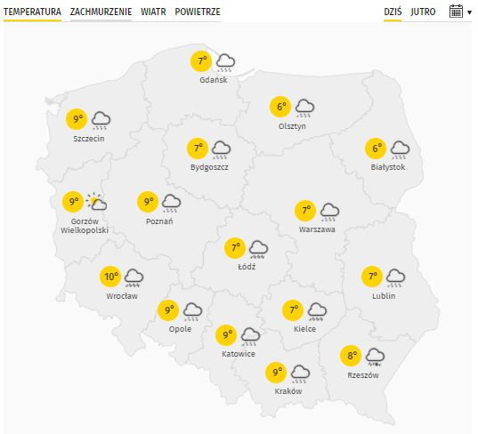 Prognozowana temperatura powietrza na piątek, 12 marca 2021 r.