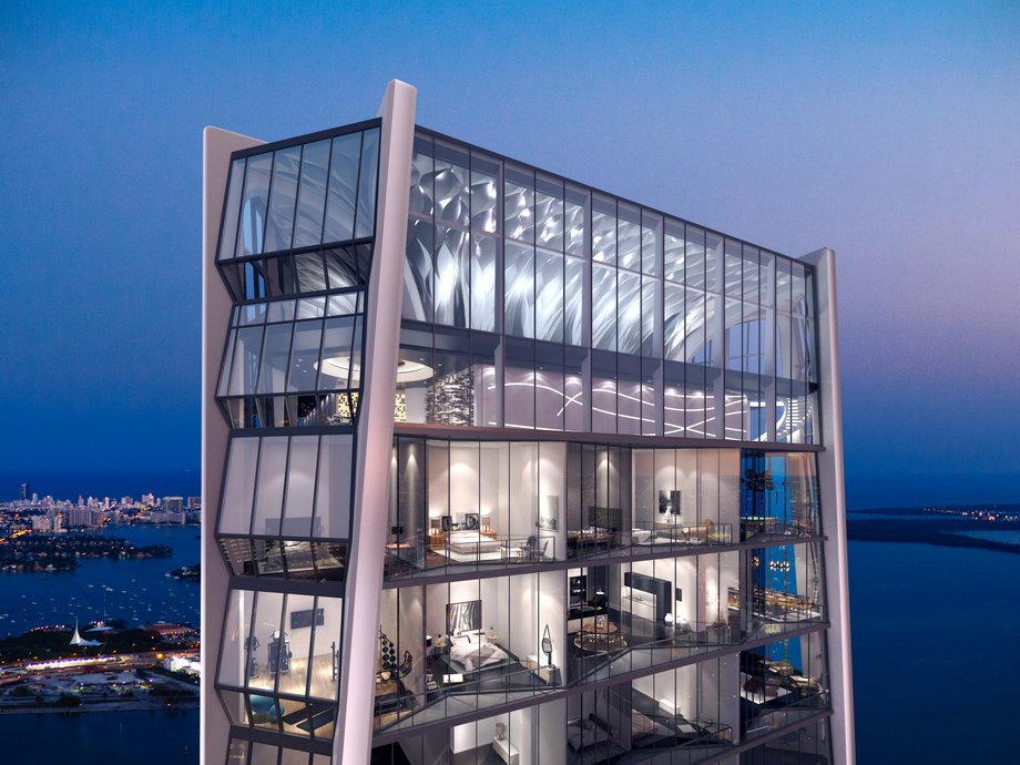 Architect Zaha Hadid is designing the 62-story One Thousand Museum, a luxury condo complex in Miami's Museum Park. The six-bedroom penthouse unit is more than 15,000 square feet and priced at $50 million. It comes with a private indoor pool and elevator — but all future residents will be able to make use of the rooftop helipad and top-floor lounge space.