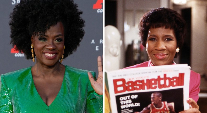 Viola Davis at the AIR premiere (left); Deloris Jordan reading a magazine with her son, Michael, on the cover.Steve Kagan /Disney General Entertainment Content via Getty Images; AP Photo/Ashley Landis