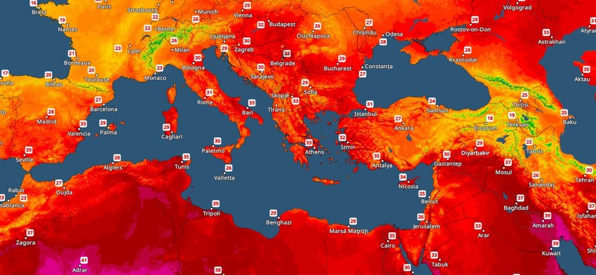 Mapa maksimalnih temperatura u sredu, 3.6.