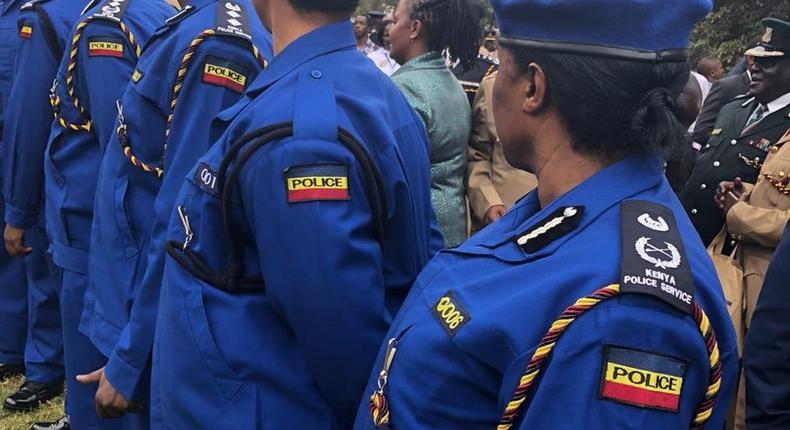 Police officers in the new Persian blue police uniform during it's unveiling (Twitter)