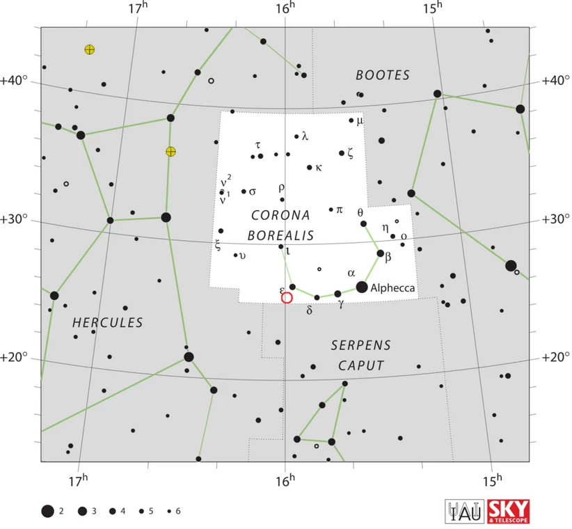 Gwiazda T Coronae Borealis (T CrB) oznaczona została czerwonym kółkiem