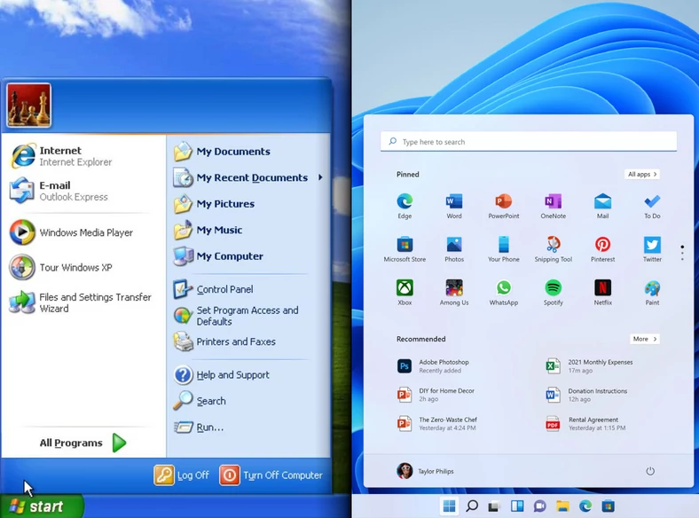 Menu Start w Windows XP vs Windows 11