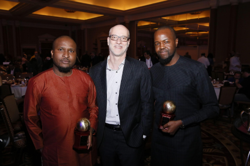 From left, Emerging Market Spotlight Award winners Moses Babatope, Managing Director FilmOne Distribution, John Fithian, President and CEO, NATO and Kene Okwuosa, CEO, Filmhouse Cinemas during the International Day Lunch held at Caesars Palace during CinemaCon, the official convention of the National Association of Theatre Owners, on April 1, 2019 in Las Vegas, Nevada. (Photo by Ryan Miller/Capture Imaging for CinemaCon) 