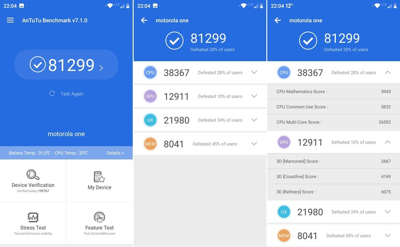 Motorola One - AnTuTu Bechmark