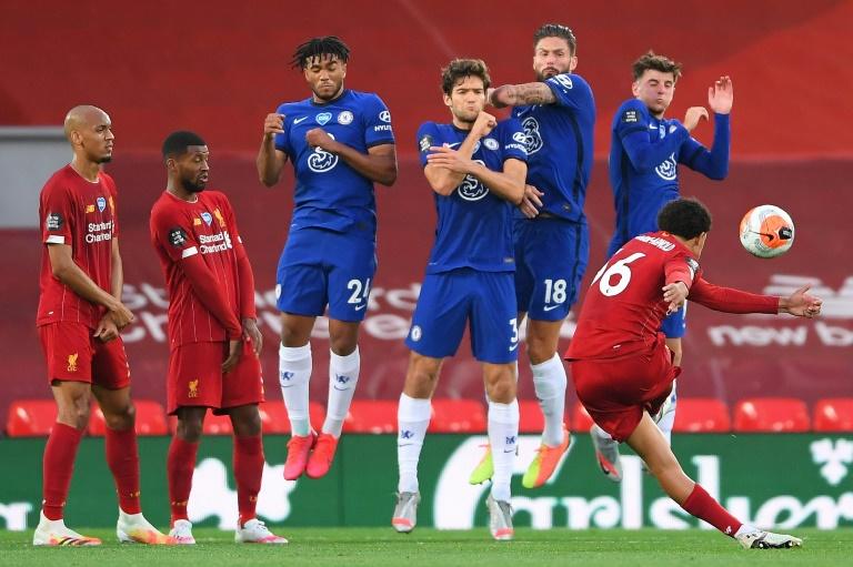 Alexander-Arnold curling a free kick over Chelsea in their title winning 2020/21 season
