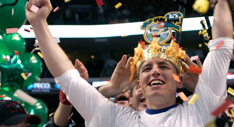 Reigning Wingbowl champion Joey Chestnut celebrates a win at the 15th annual Wingbowl event in Philadelphia