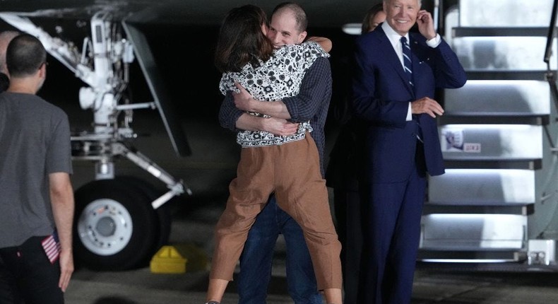 Freed journalist Evan Gershkovich embracing his mother Ella Milman after arriving at Joint Base Andrews.Andrew Harnik via Getty Images