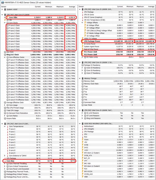 Intel Core i5-12600K – HWiNFO64 – maksymalne taktowania, napięcie, moc i temperatura podczas renderowania sceny w Blenderze przy domyślnych ustawieniach. [Kliknij, aby powiększyć]